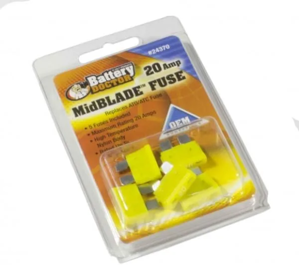 WirthCo 24370 MidBlade Fuse - 20 Amp (Yellow), Pack of 5