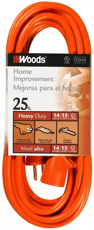 Woods 0625 14/3 Outdoor SJTW Vinyl Extension Cord; 25-Foot; Orange