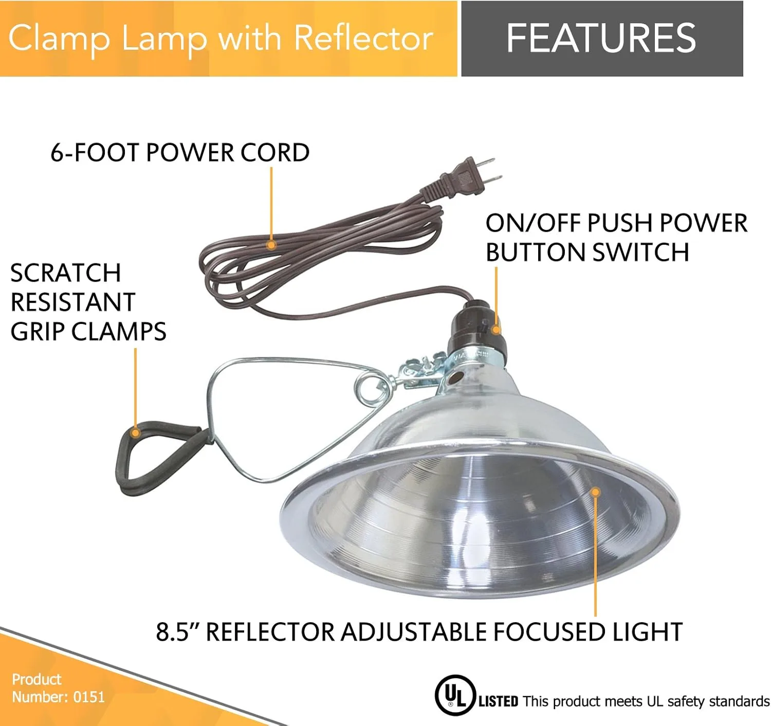 Woods Clamp Lamp Light with Aluminum Reflector; 150W; UL Listed; 6- Foot Cord 8.5 Inch