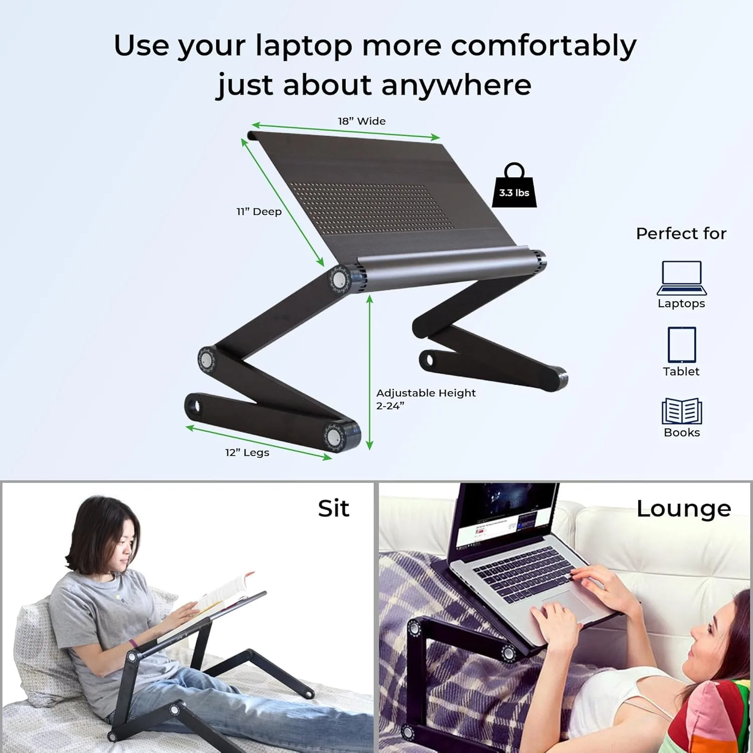 WorkEZ Executive Adjustable Laptop Stand for Desk, Foldable Aluminum, Black