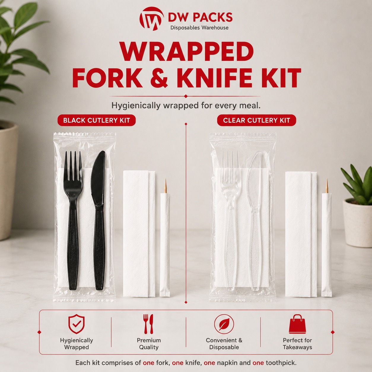 WRAPPED FORK AND KNIFE KIT - HEAVY DUTY (BLACK / CLEAR)