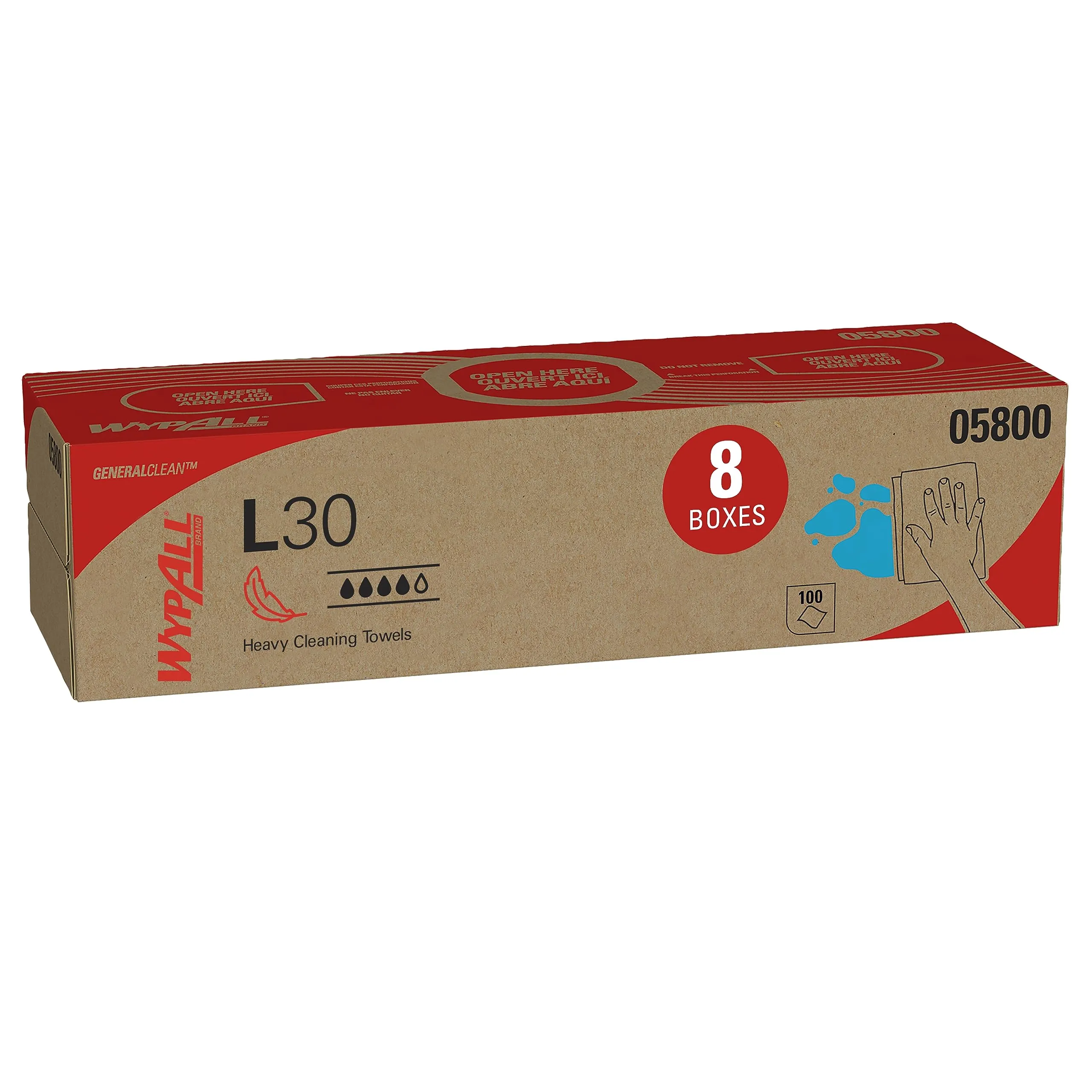 WypAll GeneralClean L30 Cloths Heavy Duty Cleaning Wipes (05800), Pop-Up Box, White (8 Packs of 100)