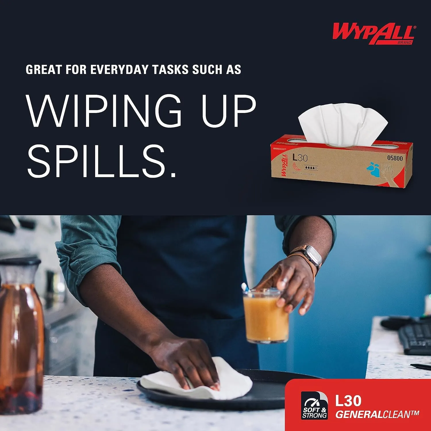 WypAll GeneralClean L30 Cloths Heavy Duty Cleaning Wipes (05800), Pop-Up Box, White (8 Packs of 100)