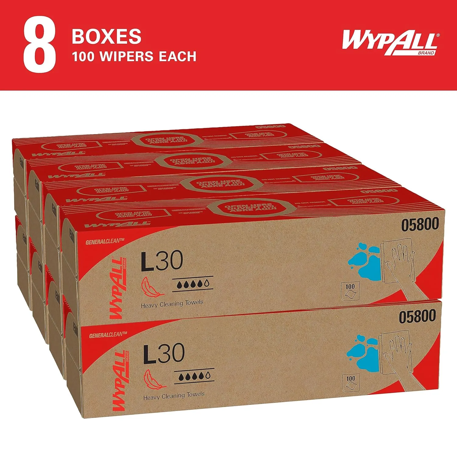 WypAll GeneralClean L30 Cloths Heavy Duty Cleaning Wipes (05800), Pop-Up Box, White (8 Packs of 100)