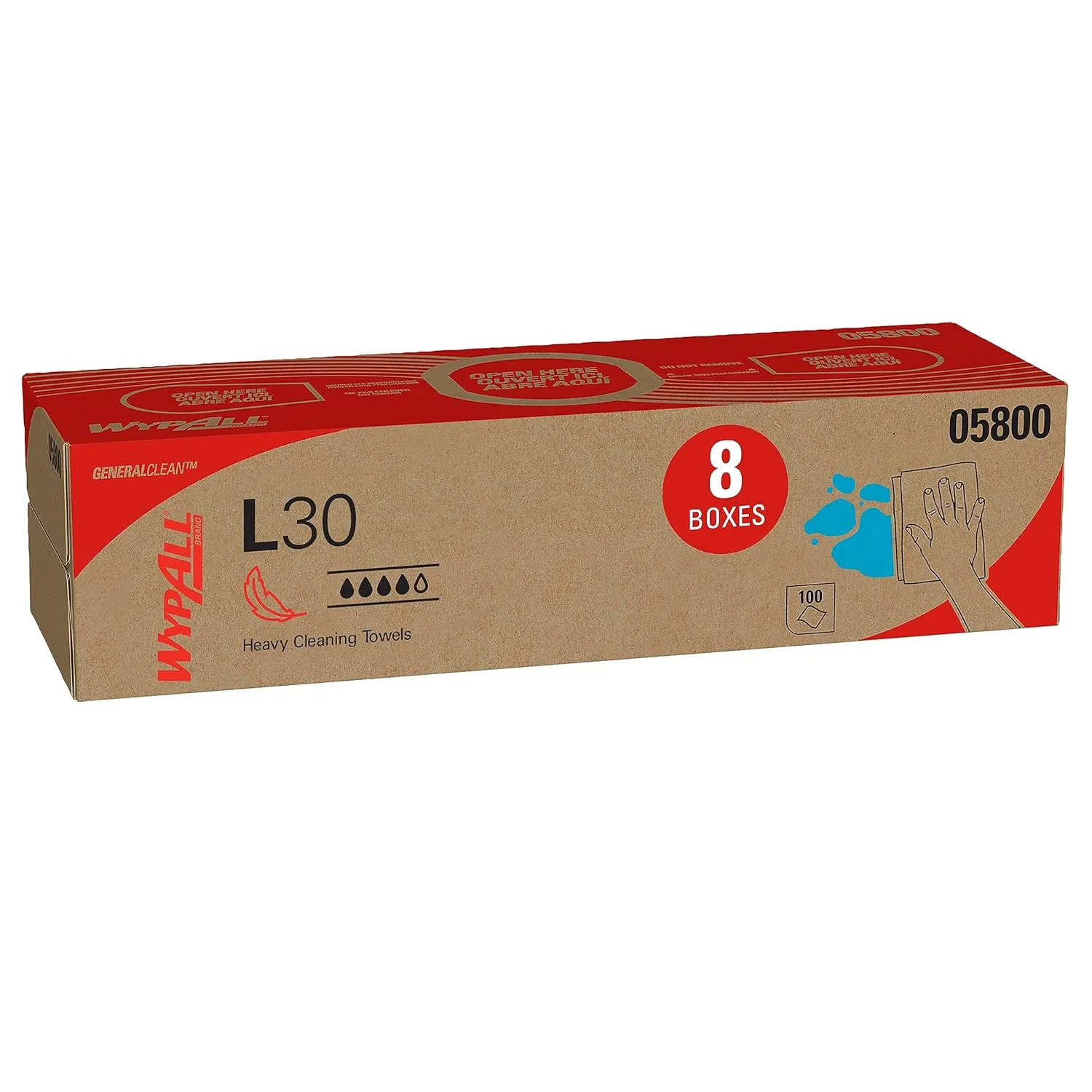 WypAll GeneralClean L30 Cloths Heavy Duty Cleaning Wipes (05800), Pop-Up Box, White (8 Packs of 100)