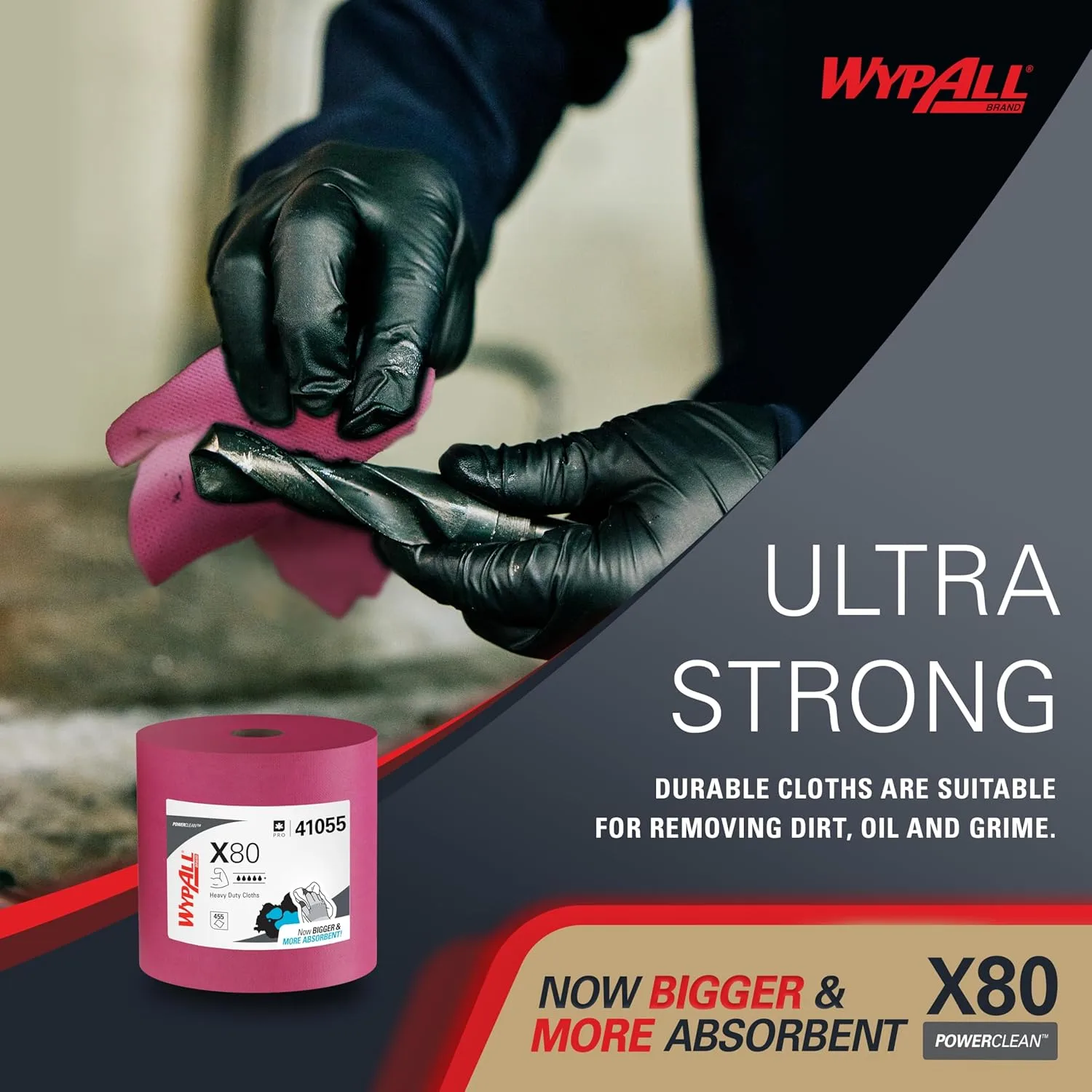 WypAll PowerClean X80 Cloths Heavy Duty Wipes, Jumbo Roll