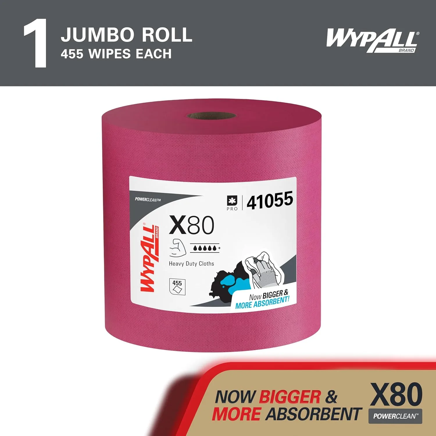 WypAll PowerClean X80 Cloths Heavy Duty Wipes, Jumbo Roll