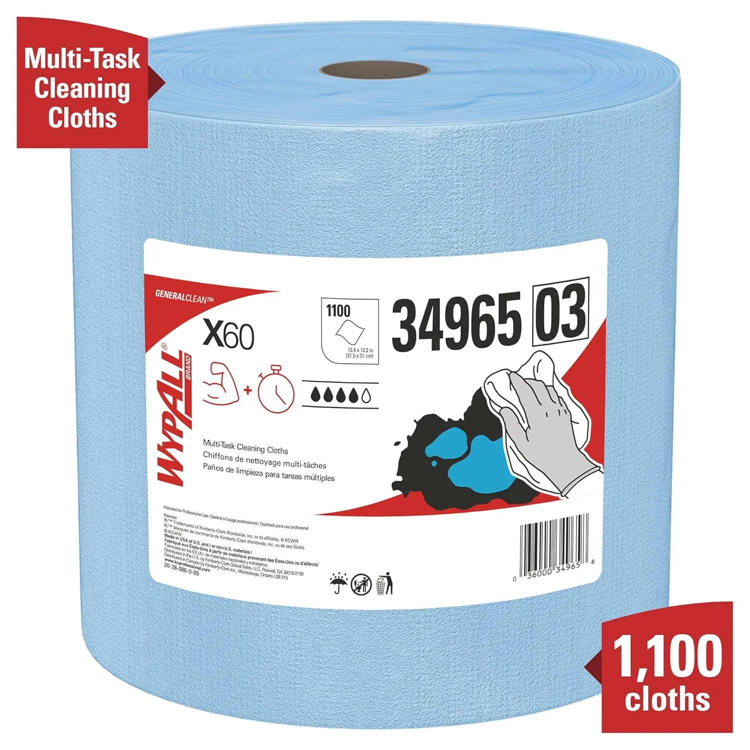 WypAll GeneralClean X60 Multi-Task Cleaning Cloths, Jumbo Roll, Blue, 1100 Sheets