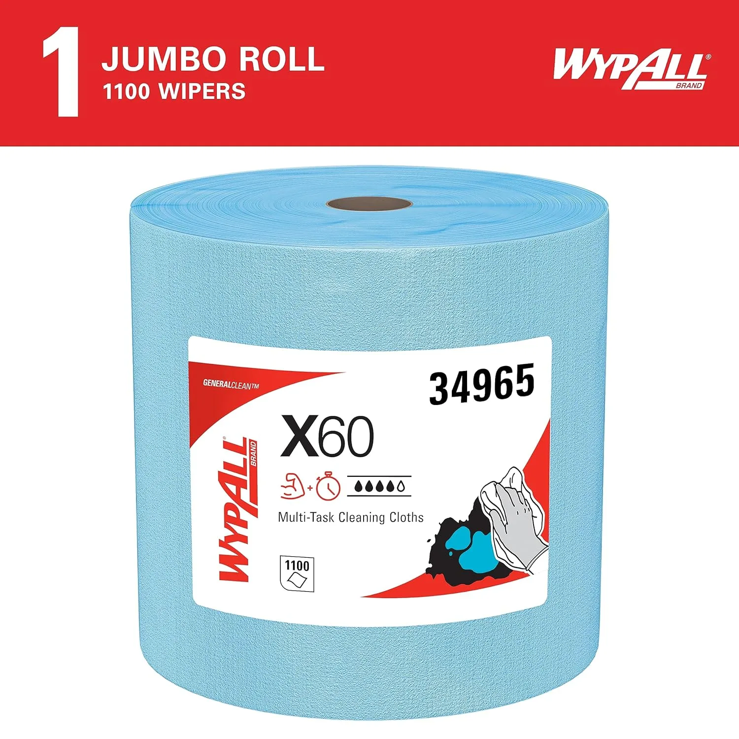 WypAll GeneralClean X60 Multi-Task Cleaning Cloths, Jumbo Roll, Blue, 1100 Sheets