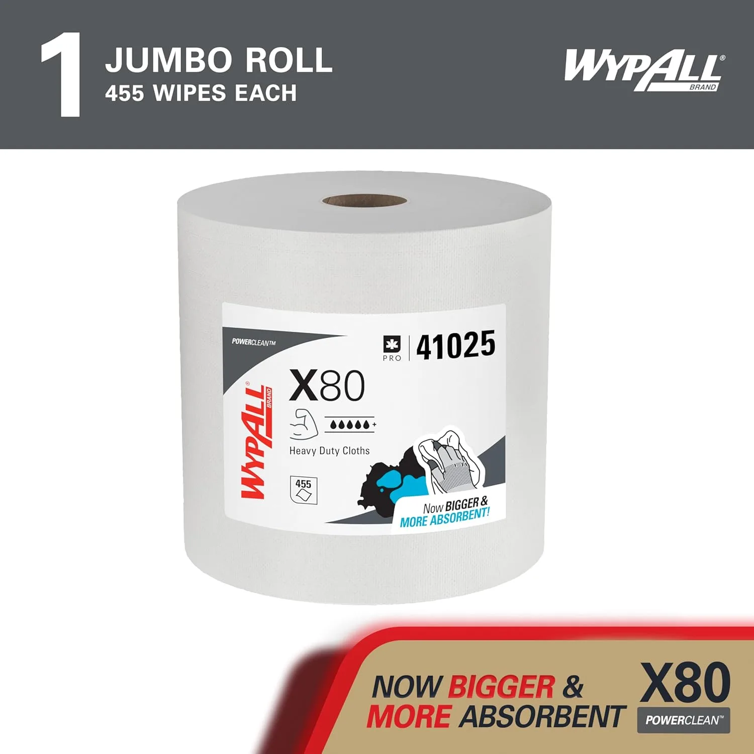 WypAll PowerClean X80 Cloths Heavy Duty Wipes, Jumbo Roll
