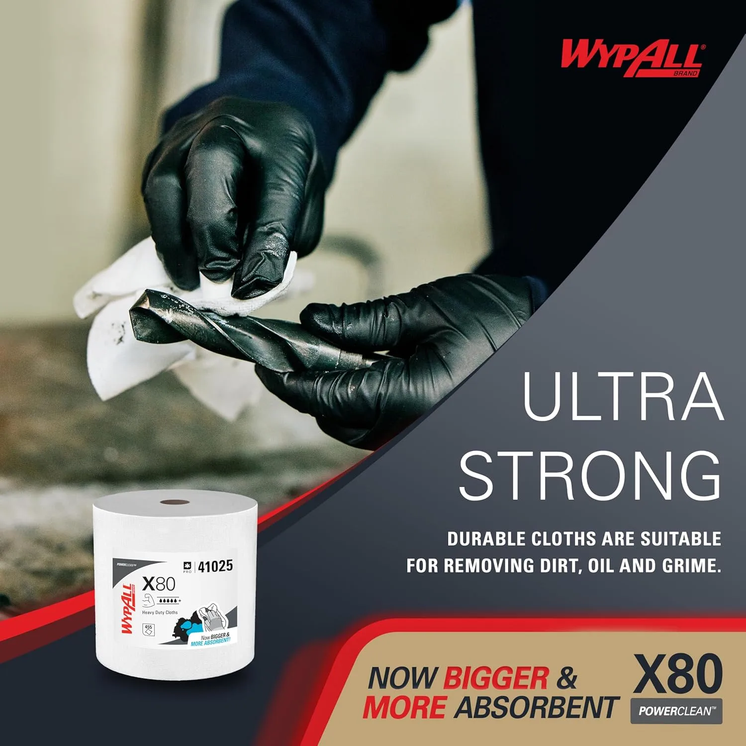 WypAll PowerClean X80 Cloths Heavy Duty Wipes, Jumbo Roll