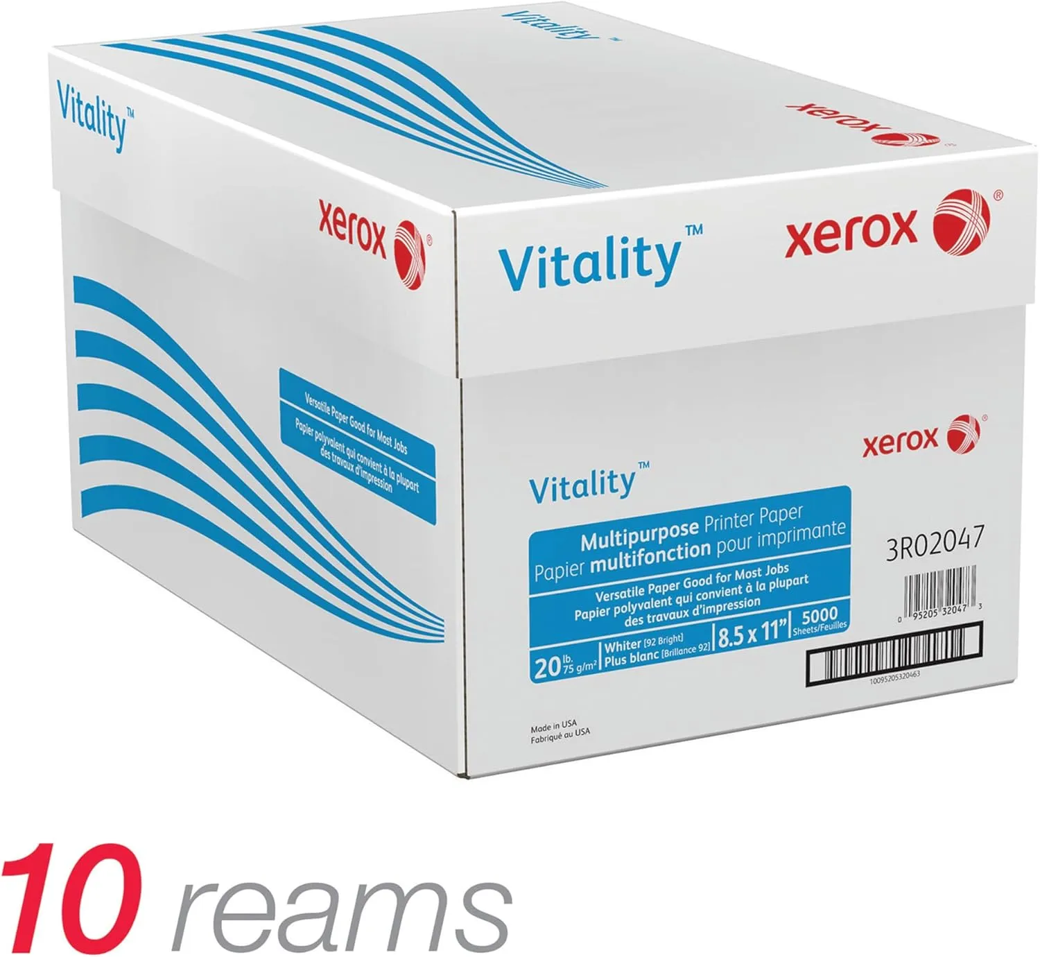 Xerox Vitality Multi-Use Printer & Copy Paper, 10 Reams, White, Letter (8.5in x 11in), 5000 Sheets Per Case, 20 Lb