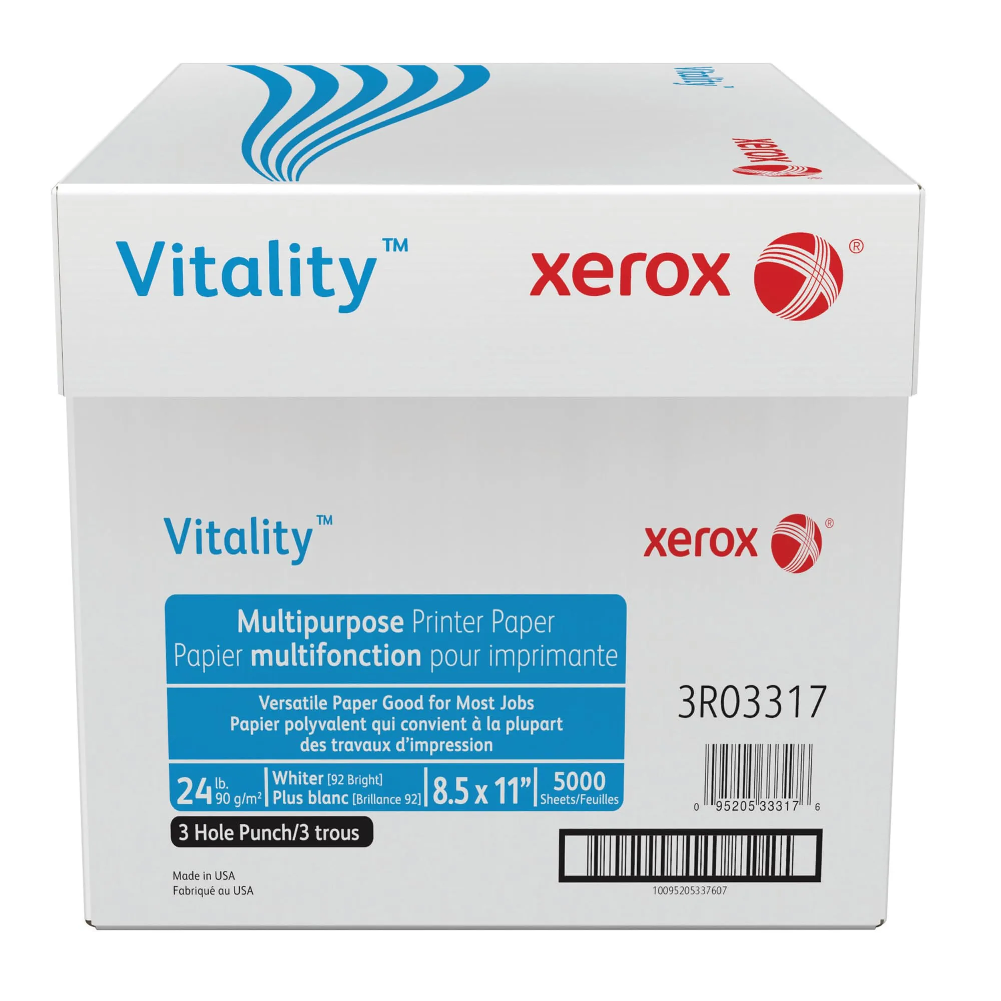 Xerox® Vitality™ 3-Hole Punched Multi-Use Printer & Copy Paper, 10 Reams, White, Letter (8.5" x 11"), 24 Lb, 92 Brightness, FSC® Certified