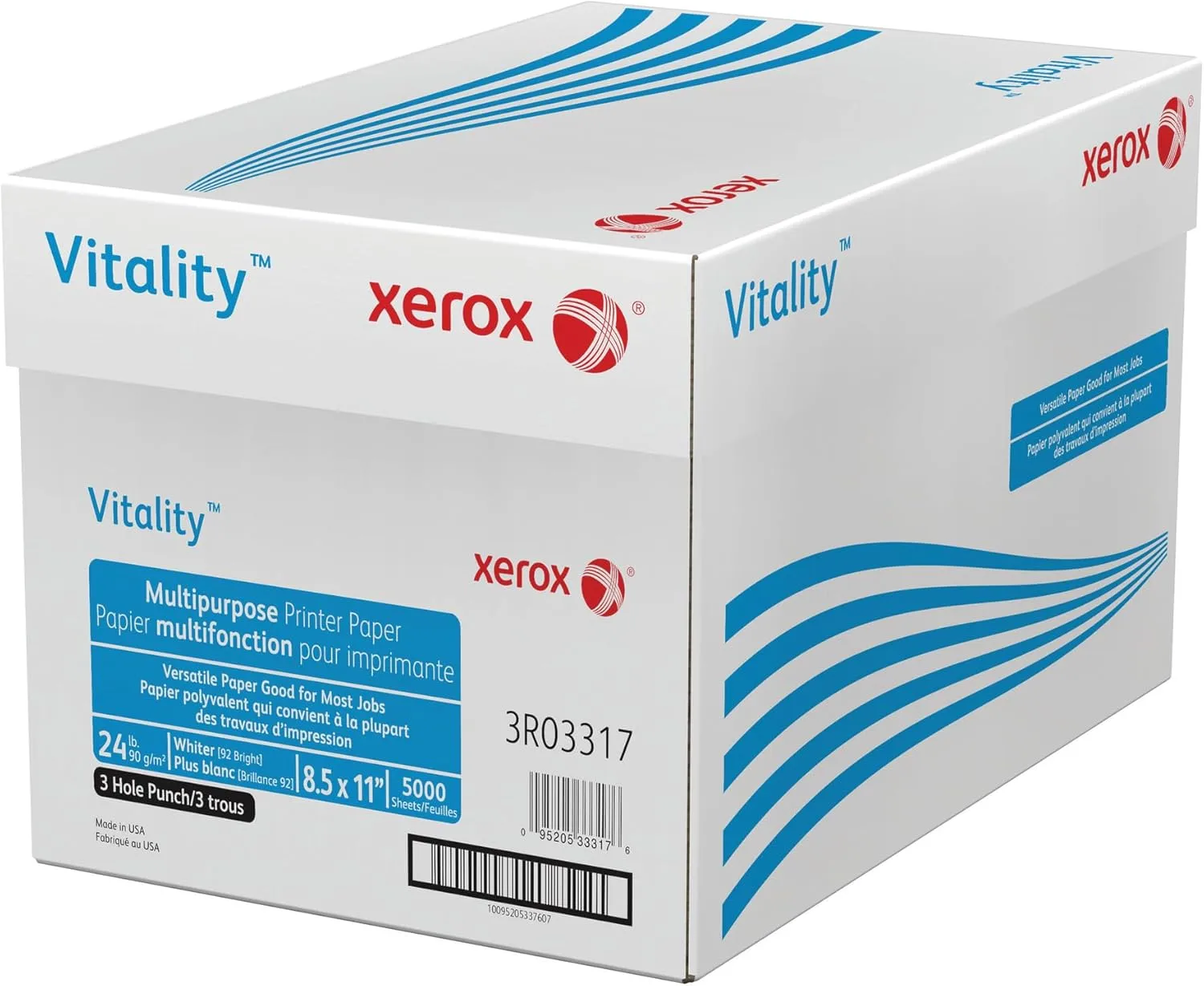Xerox® Vitality™ 3-Hole Punched Multi-Use Printer & Copy Paper, 10 Reams, White, Letter (8.5" x 11"), 24 Lb, 92 Brightness, FSC® Certified