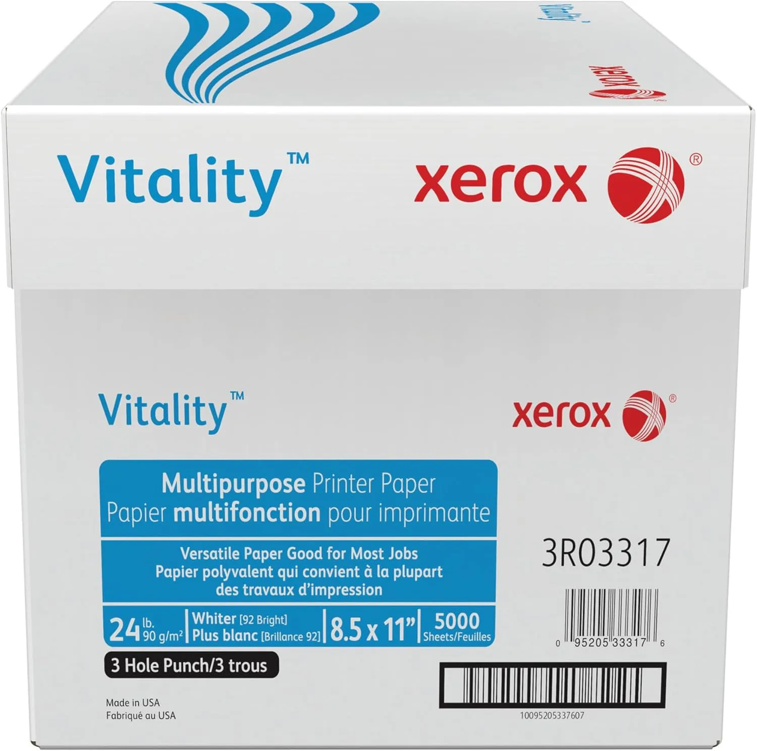 Xerox® Vitality™ 3-Hole Punched Multi-Use Printer & Copy Paper, 10 Reams, White, Letter (8.5" x 11"), 24 Lb, 92 Brightness, FSC® Certified