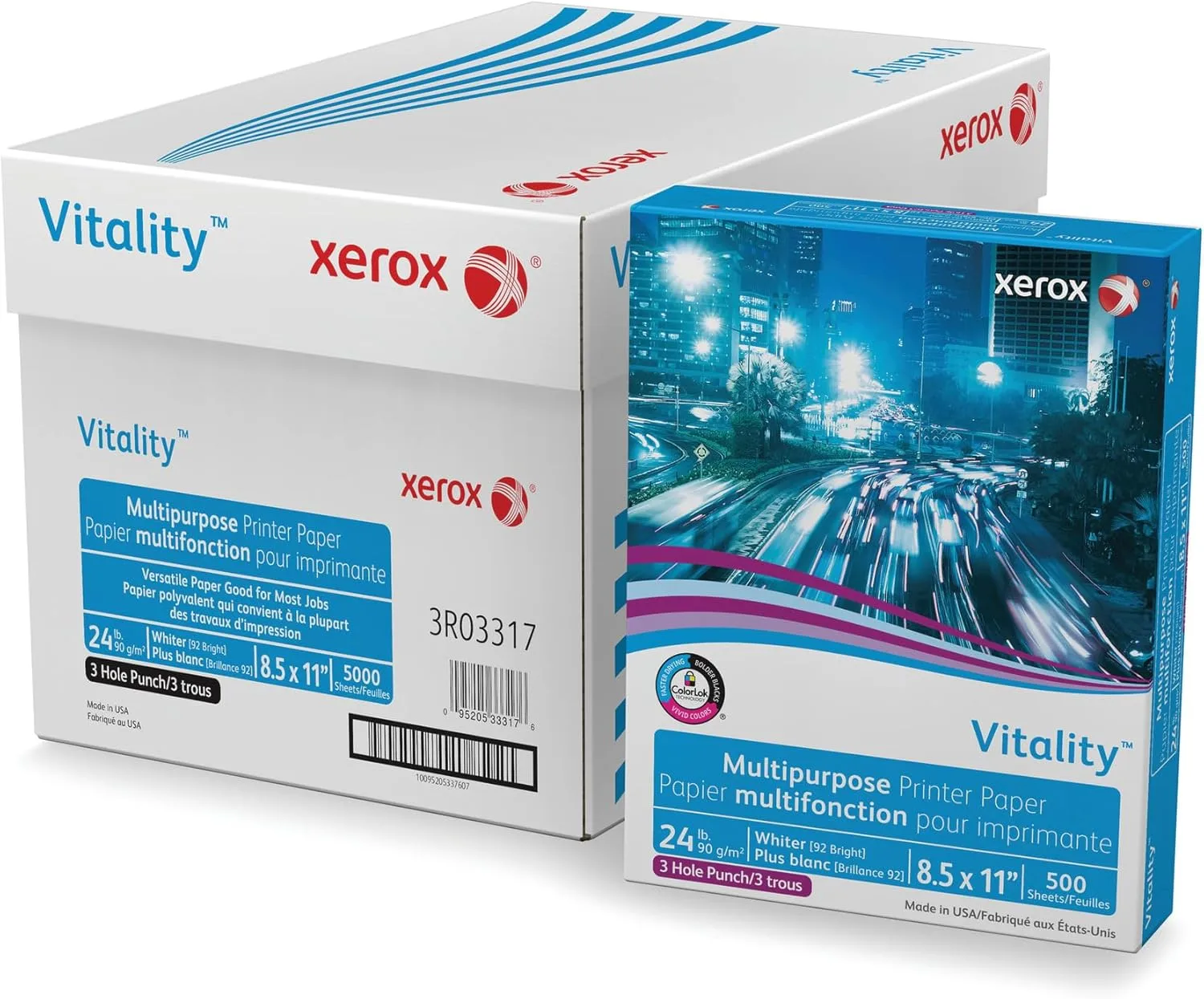 Xerox® Vitality™ 3-Hole Punched Multi-Use Printer & Copy Paper, 10 Reams, White, Letter (8.5" x 11"), 24 Lb, 92 Brightness, FSC® Certified