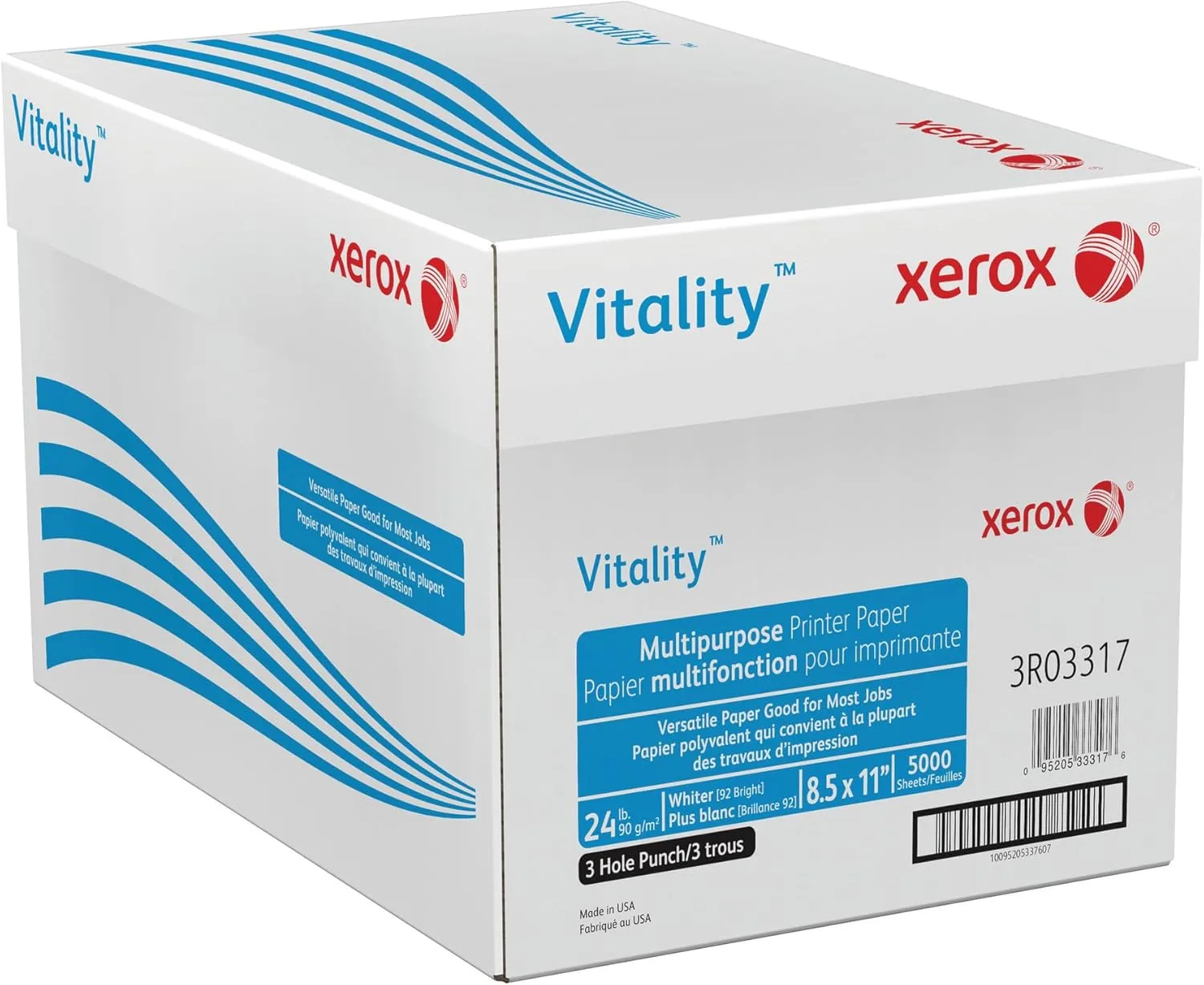 Xerox® Vitality™ 3-Hole Punched Multi-Use Printer & Copy Paper, 10 Reams, White, Letter (8.5" x 11"), 24 Lb, 92 Brightness, FSC® Certified