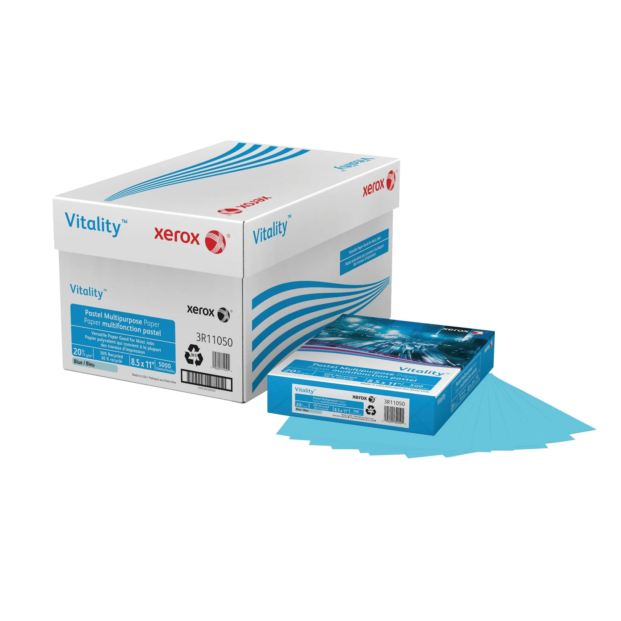 Xerox® Vitality™ Pastel Color Multi-Use Printer & Copy Paper, 10 Reams, Blue, Letter (8.5" x 11"), 5000 Sheets Per Case, 20 Lb, FSC® Certified, 30% Recycled