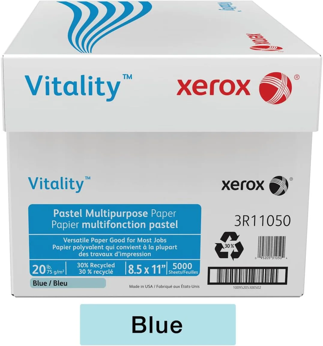 Xerox® Vitality™ Pastel Color Multi-Use Printer & Copy Paper, 10 Reams, Blue, Letter (8.5" x 11"), 5000 Sheets Per Case, 20 Lb, FSC® Certified, 30% Recycled