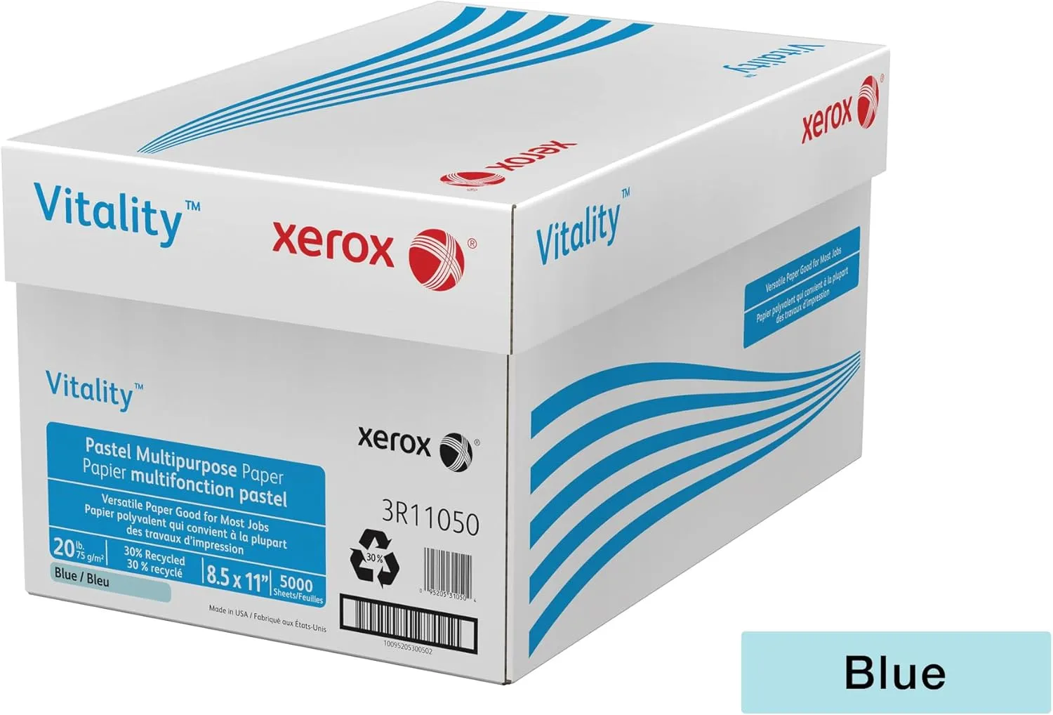 Xerox® Vitality™ Pastel Color Multi-Use Printer & Copy Paper, 10 Reams, Blue, Letter (8.5" x 11"), 5000 Sheets Per Case, 20 Lb, FSC® Certified, 30% Recycled