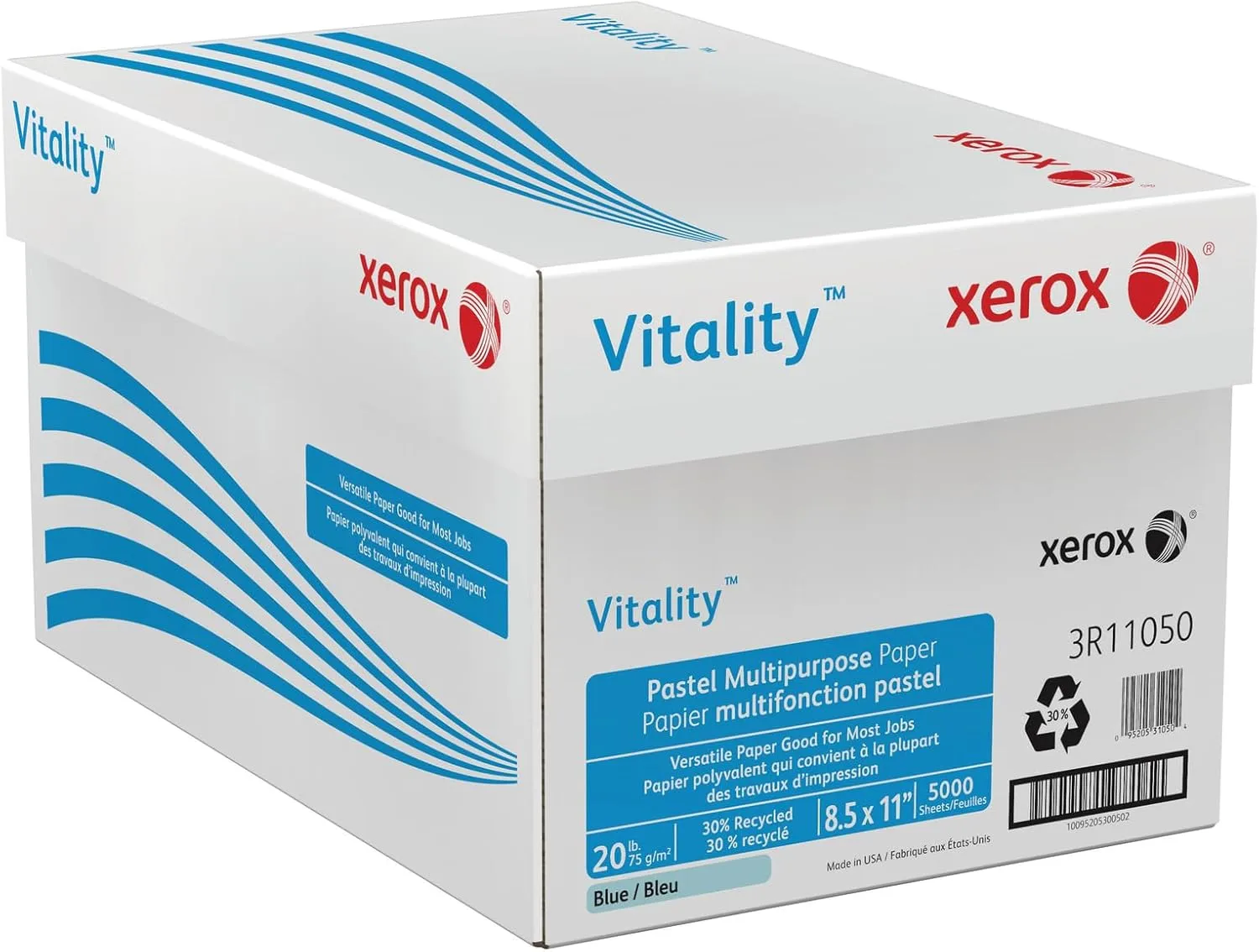 Xerox® Vitality™ Pastel Color Multi-Use Printer & Copy Paper, 10 Reams, Blue, Letter (8.5" x 11"), 5000 Sheets Per Case, 20 Lb, FSC® Certified, 30% Recycled
