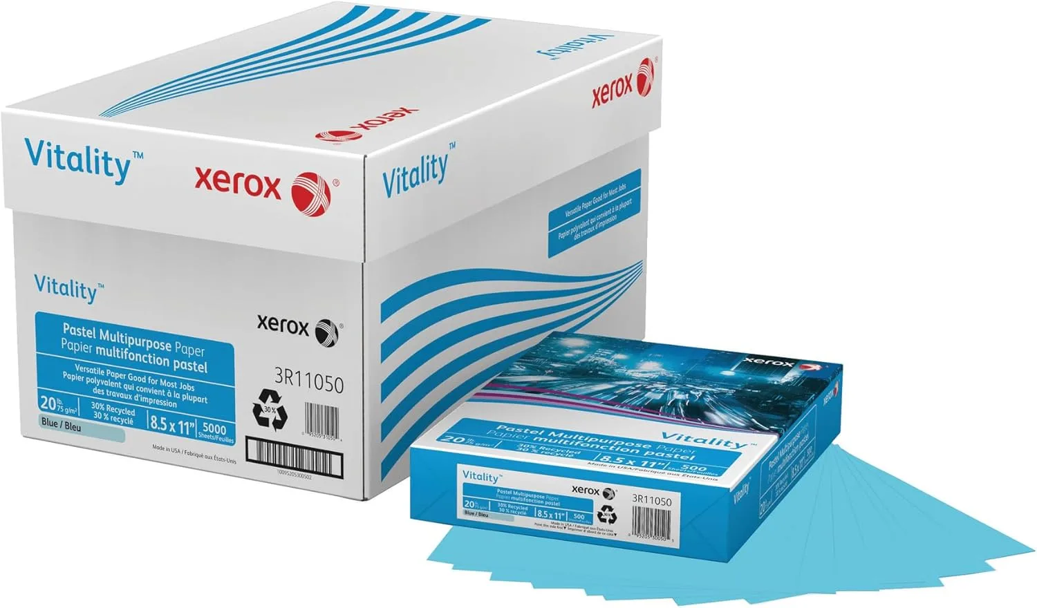 Xerox® Vitality™ Pastel Color Multi-Use Printer & Copy Paper, 10 Reams, Blue, Letter (8.5" x 11"), 5000 Sheets Per Case, 20 Lb, FSC® Certified, 30% Recycled