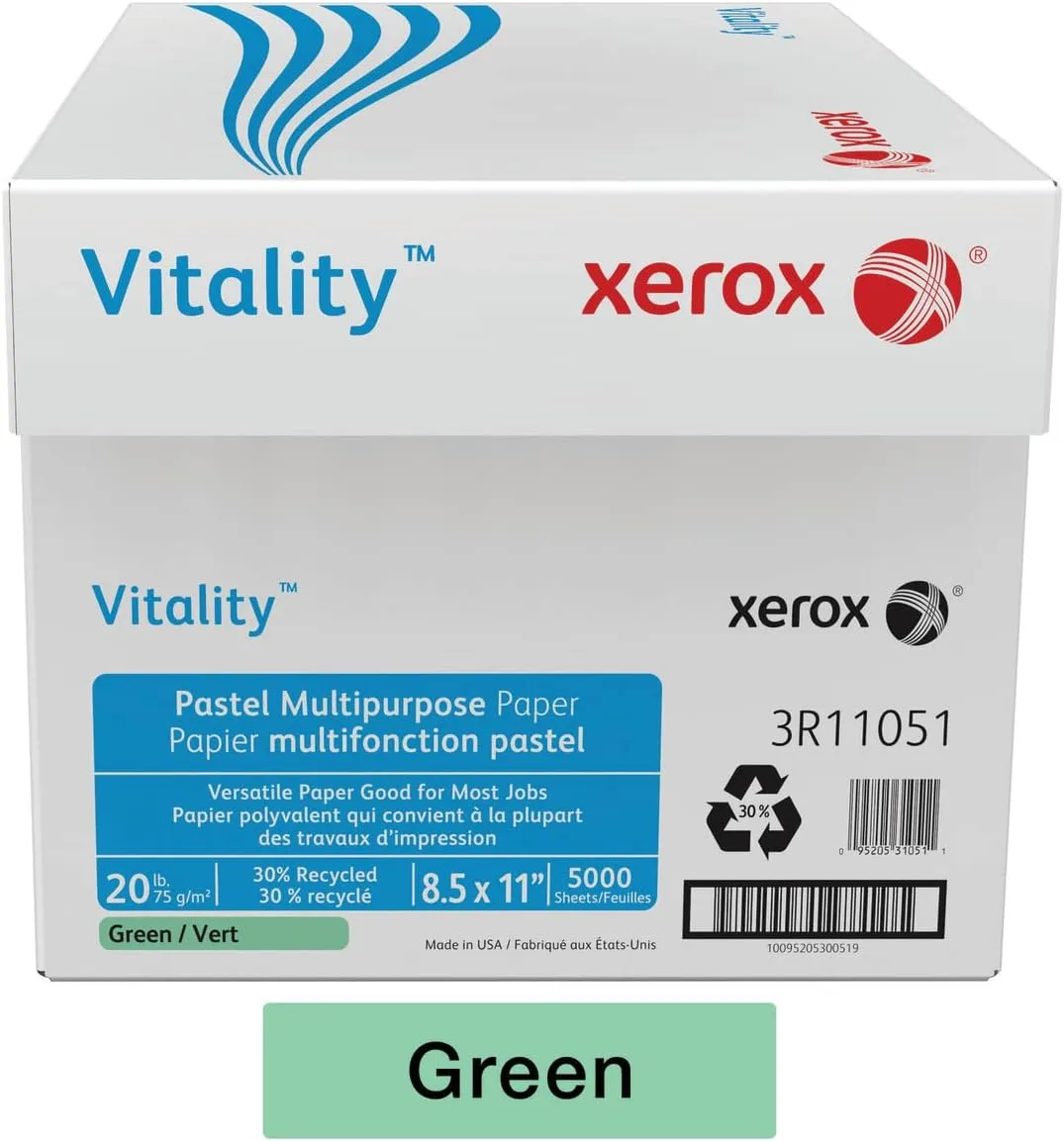 Xerox® Vitality™ Pastel Color Multi-Use Printer & Copy Paper, 10 Reams, Green, Letter (8.5" x 11"), 5000 Sheets Per Case