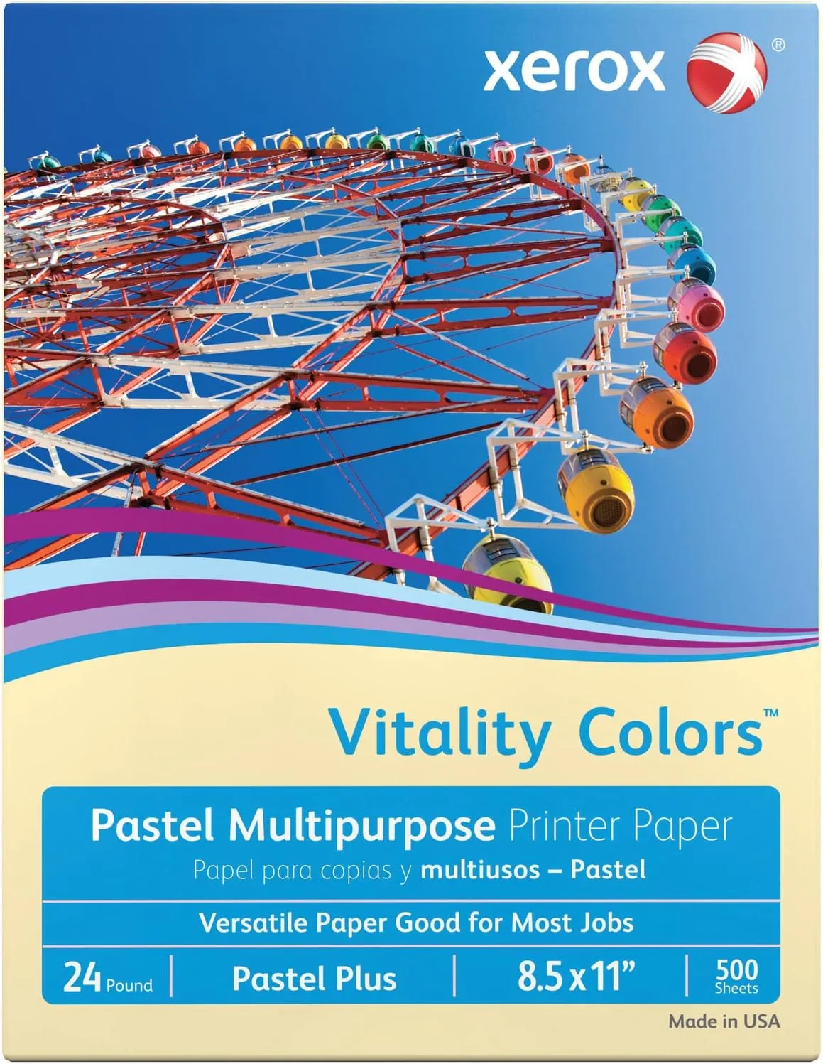 Xerox Vitality Colors Pastel Plus Multipurpose Printer Paper, 24 lb, Ivory, Letter, 500 Sheets (Ream)