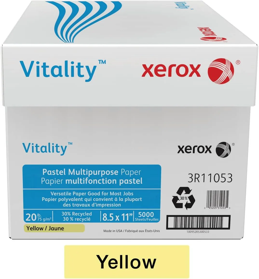 Xerox Vitality Pastel Color Multi-Use Copy Paper, 10 Reams (5000 Sheets), Yellow, Letter, 20 lb - 3R11053-CT