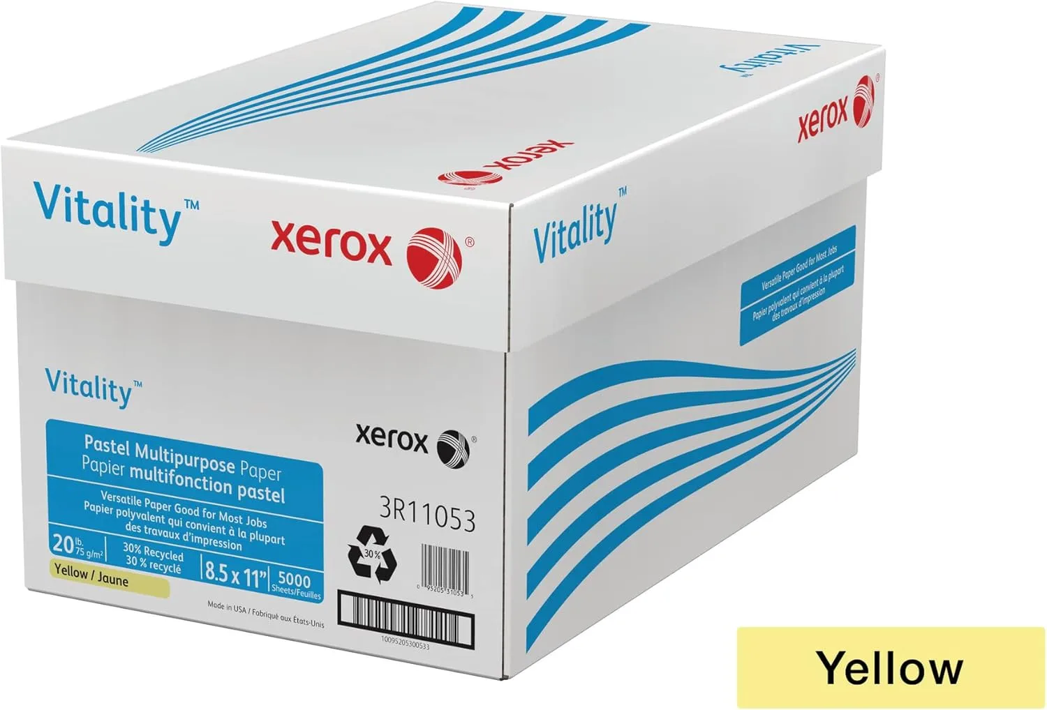 Xerox Vitality Pastel Color Multi-Use Copy Paper, 10 Reams (5000 Sheets), Yellow, Letter, 20 lb - 3R11053-CT