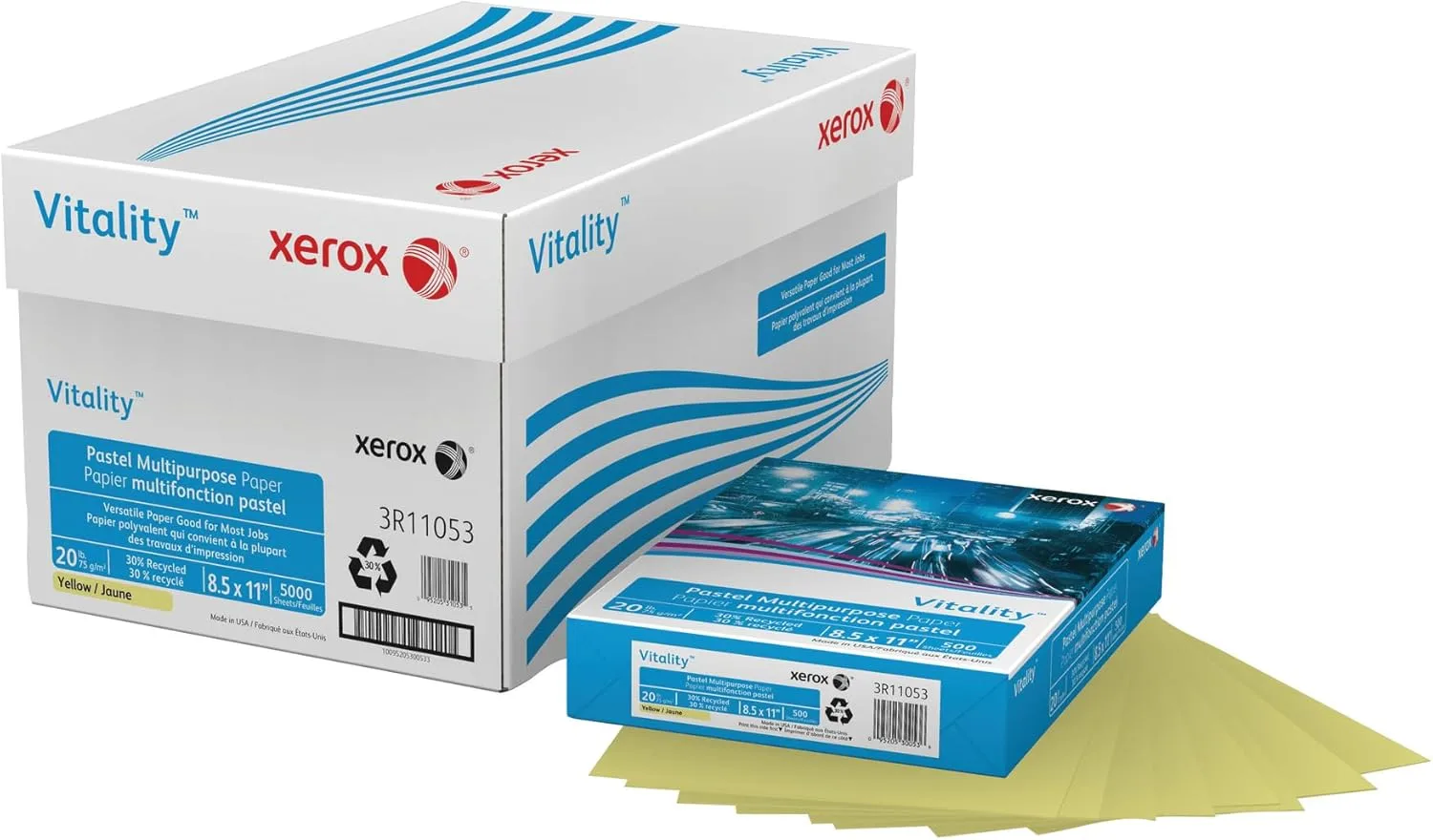 Xerox Vitality Pastel Color Multi-Use Copy Paper, 10 Reams (5000 Sheets), Yellow, Letter, 20 lb - 3R11053-CT
