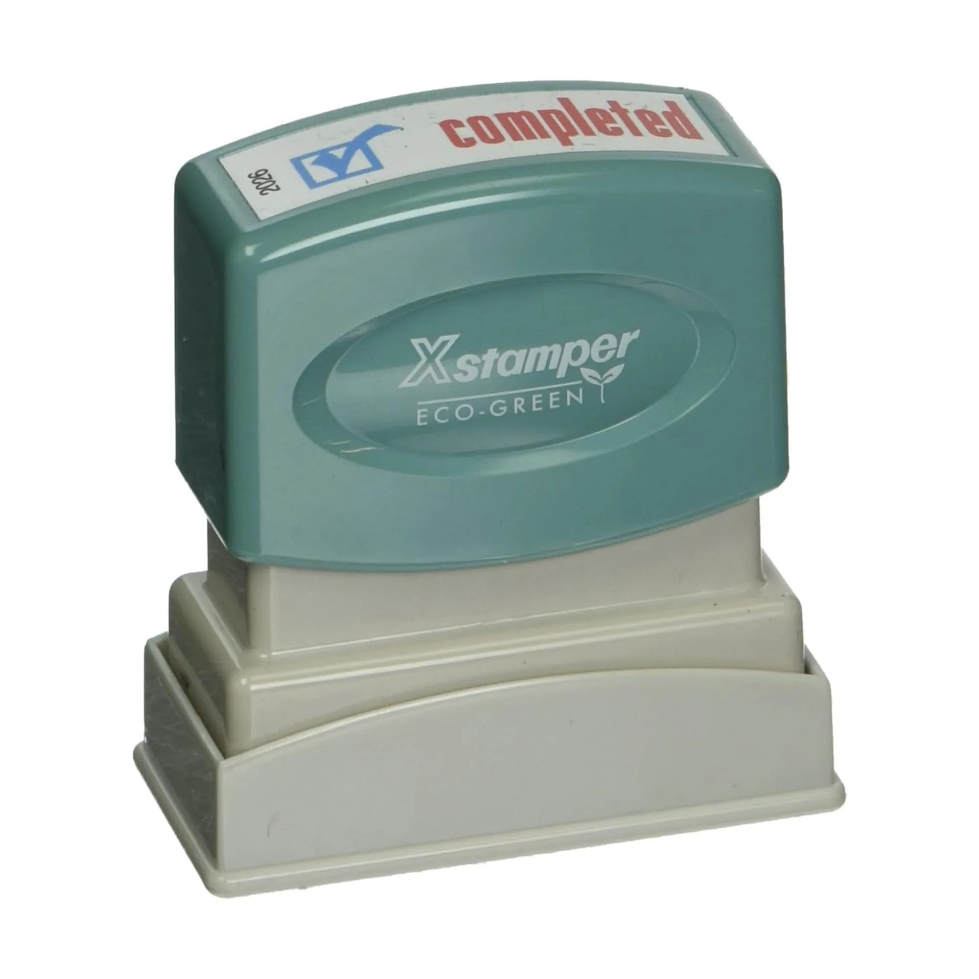 Shachihata Xstamper Pre-Inked Re-Inkable Two-Color Title Stamp, "Completed" (Red/Blue)