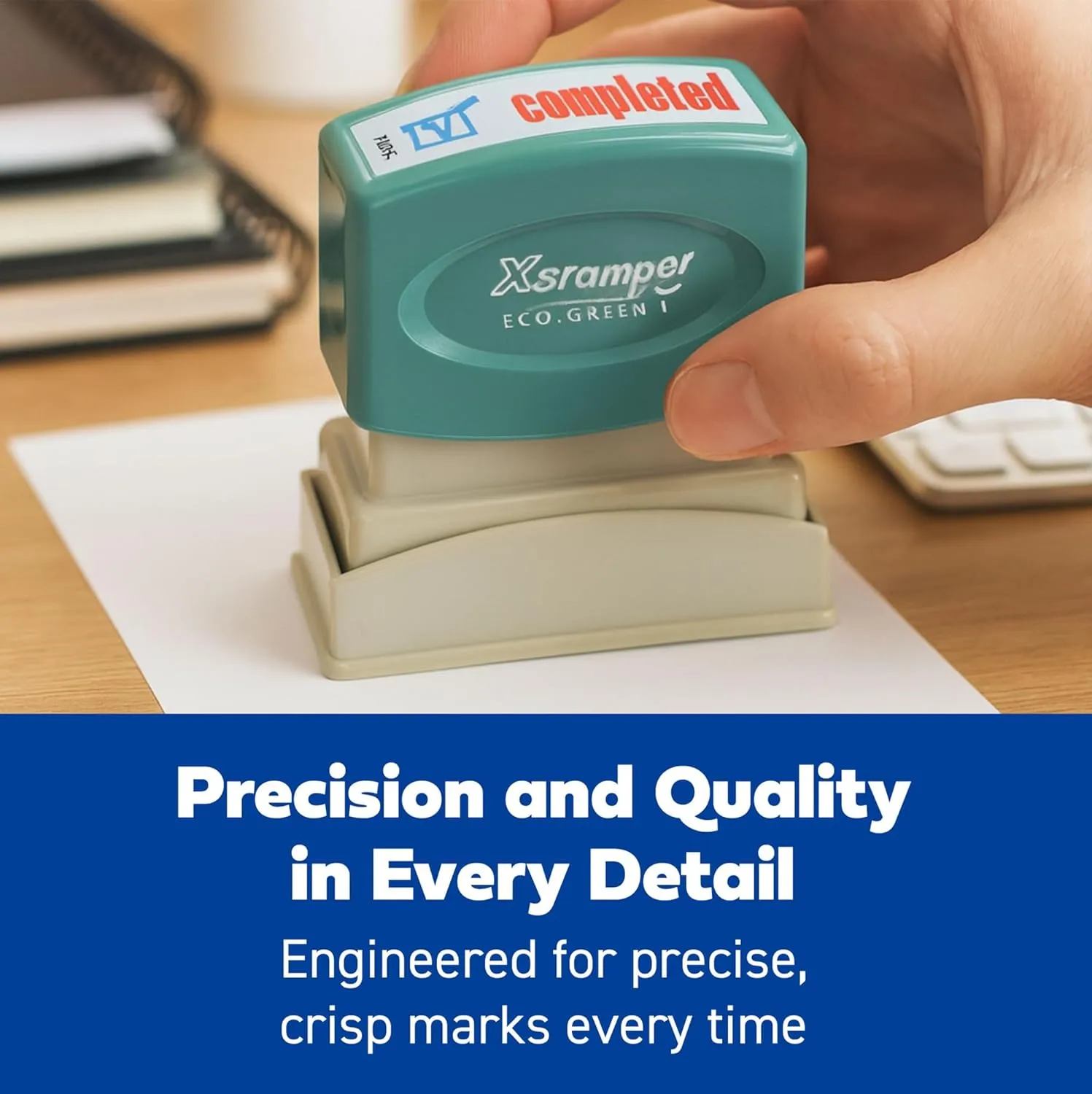 Shachihata Xstamper Pre-Inked Re-Inkable Two-Color Title Stamp, "Completed" (Red/Blue)