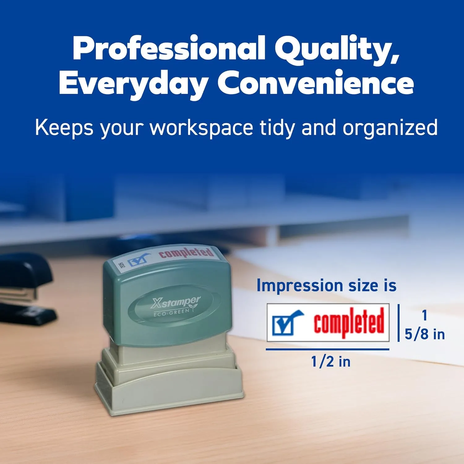 Shachihata Xstamper Pre-Inked Re-Inkable Two-Color Title Stamp, "Completed" (Red/Blue)