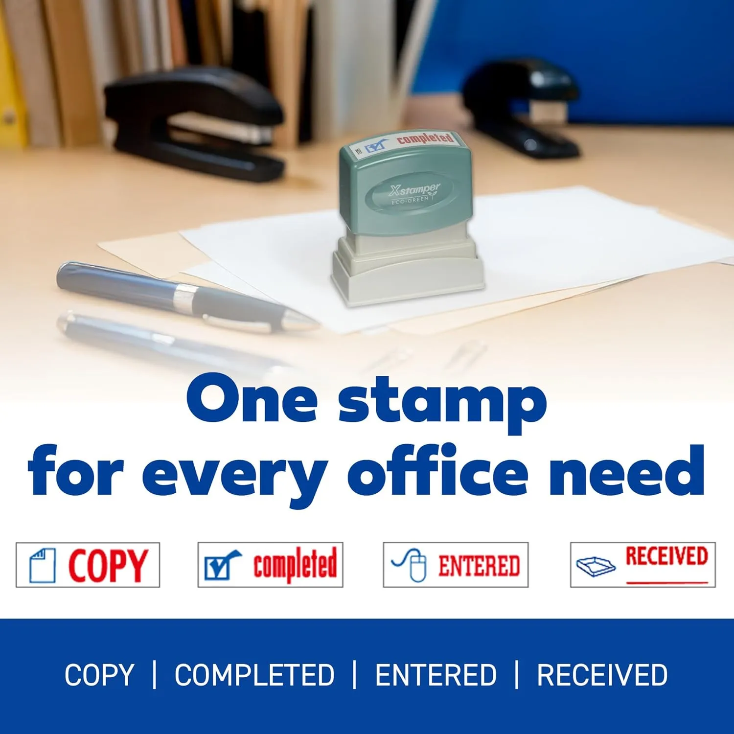Shachihata Xstamper Pre-Inked Re-Inkable Two-Color Title Stamp, "Completed" (Red/Blue)