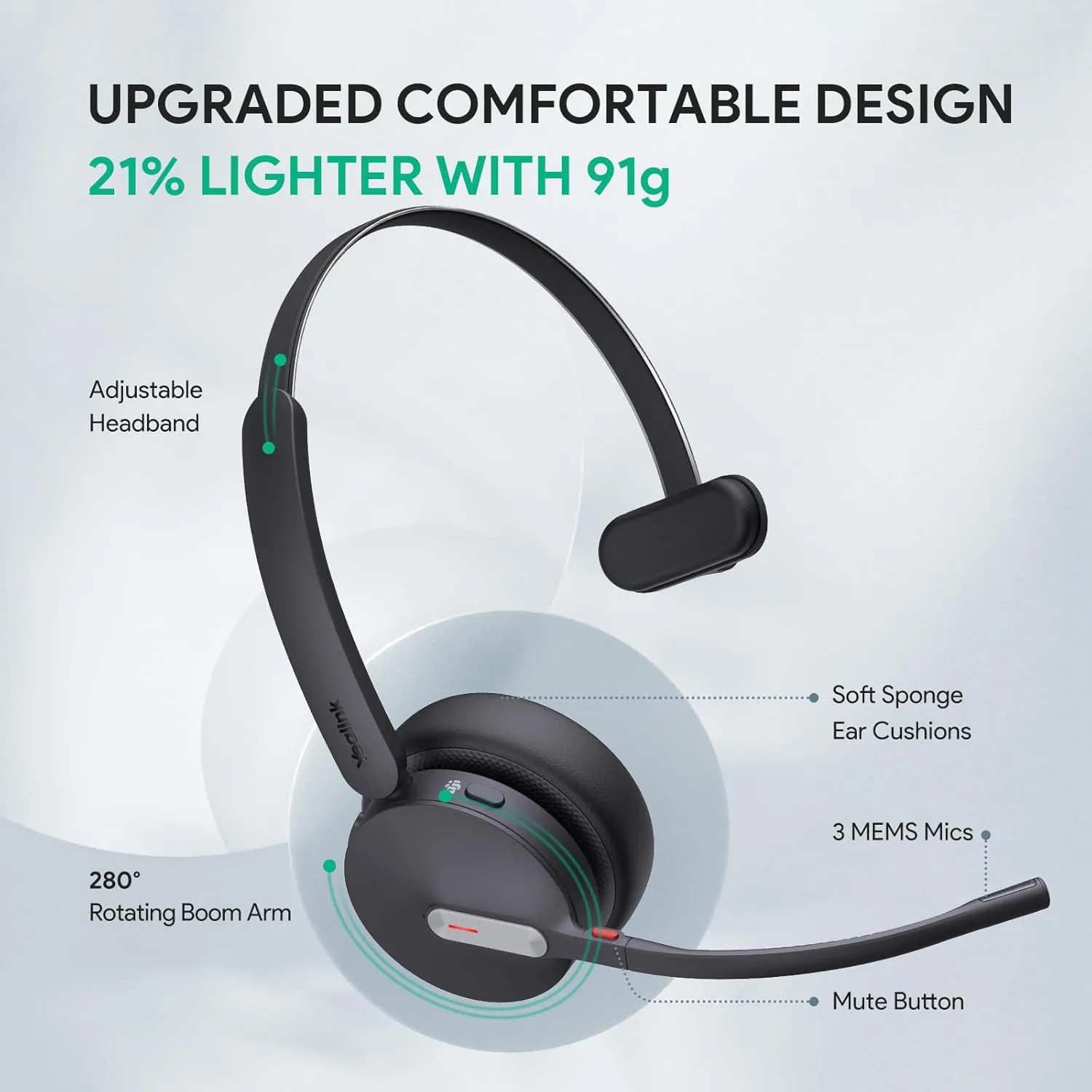 Yealink BH70 Mono UC Wireless Bluetooth Headset with Microphone, USB-C to A, Black