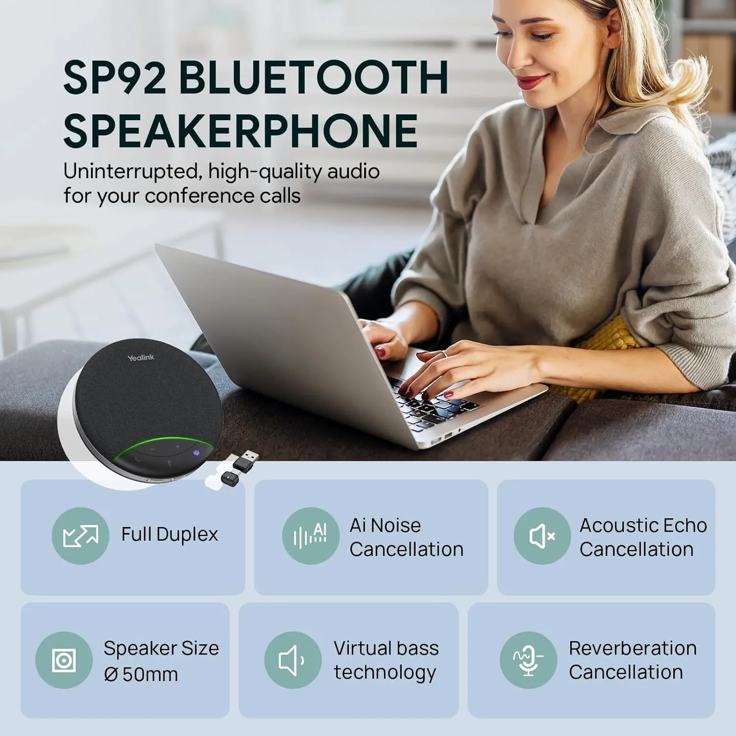 Yealink SP92 Bluetooth Conference Speakerphone with Dongle — 360° Mic, AI Noise Cancellation, 20H Battery