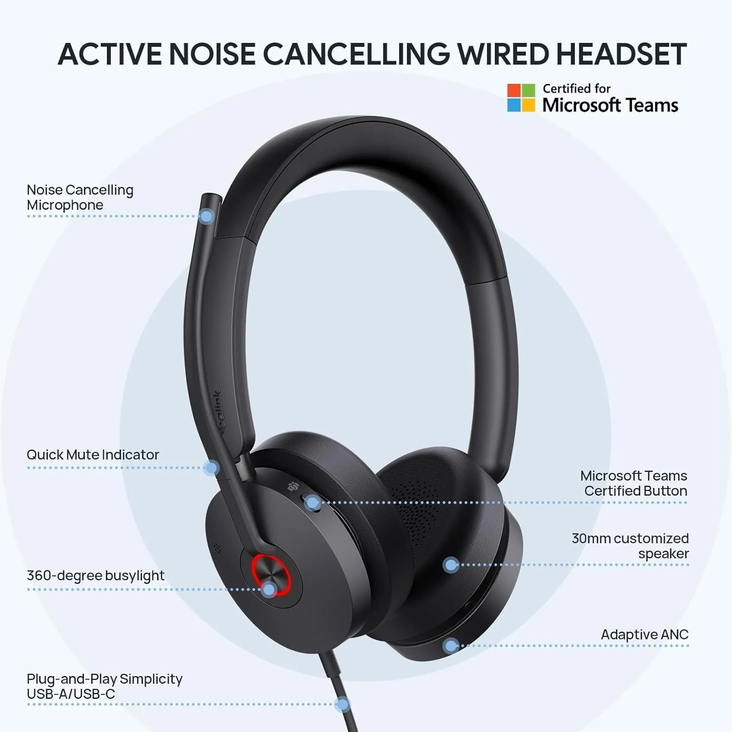 Yealink UH48 ANC Wired USB Headset with Noise-Cancelling Microphone