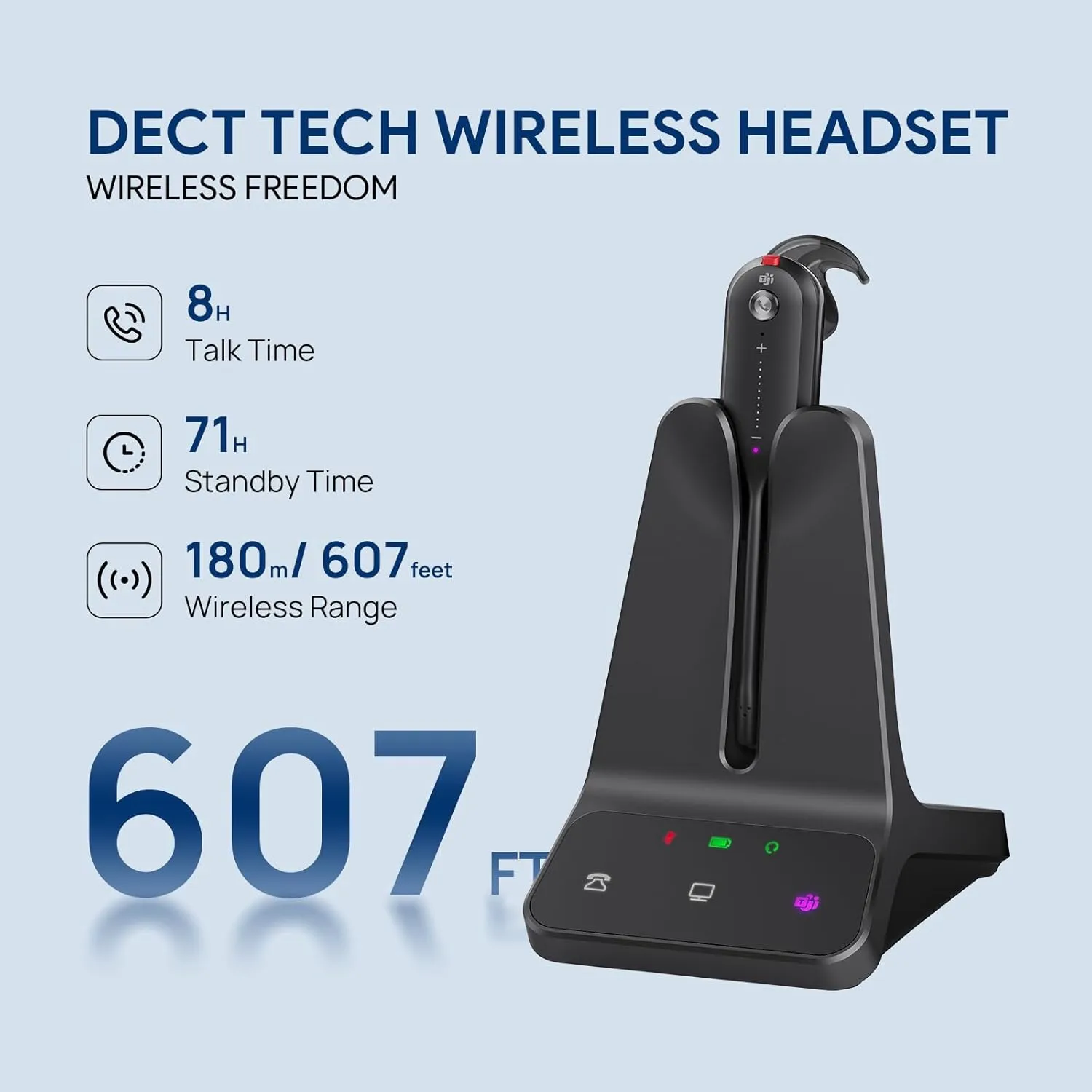 Yealink WH63 E2 DECT Wireless Headset – Teams Certified, Mono, Noise Cancelling, 607 ft Range