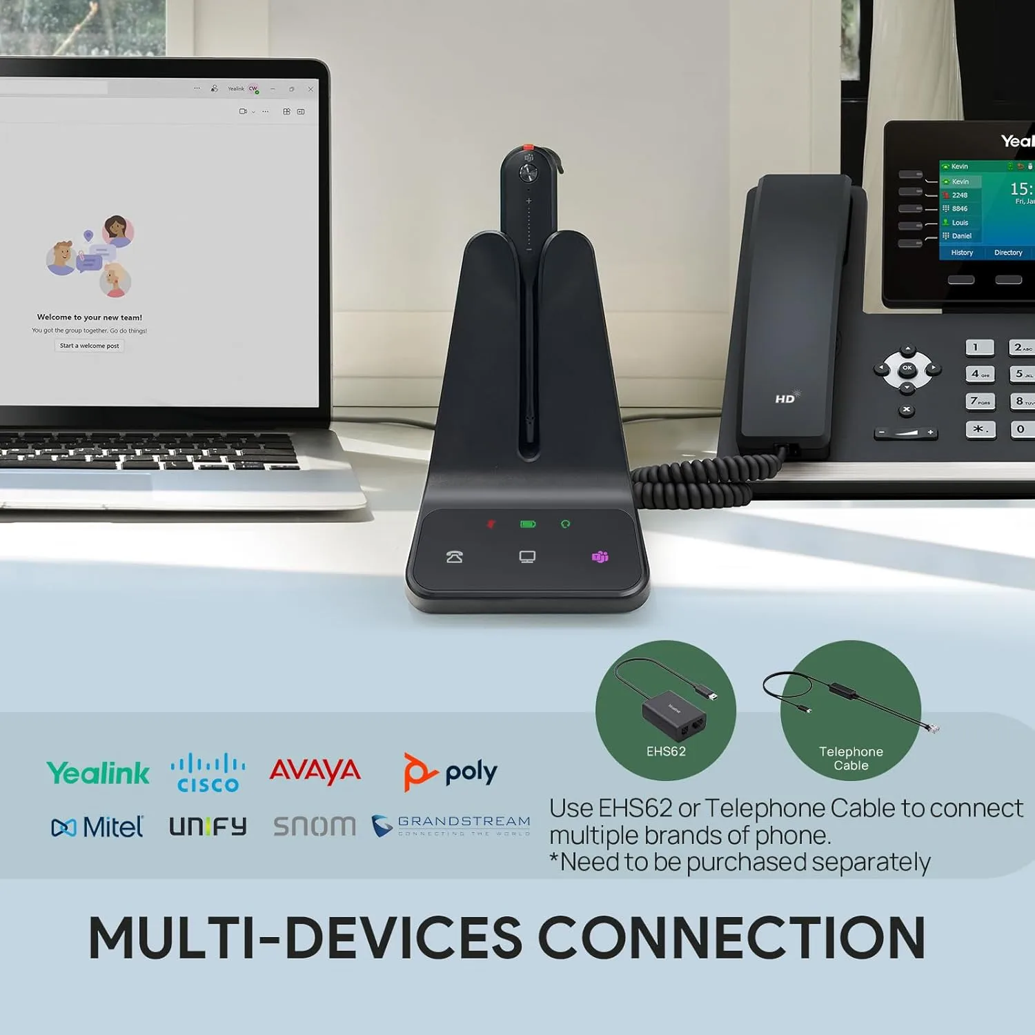 Yealink WH63 E2 DECT Wireless Headset – Teams Certified, Mono, Noise Cancelling, 607 ft Range