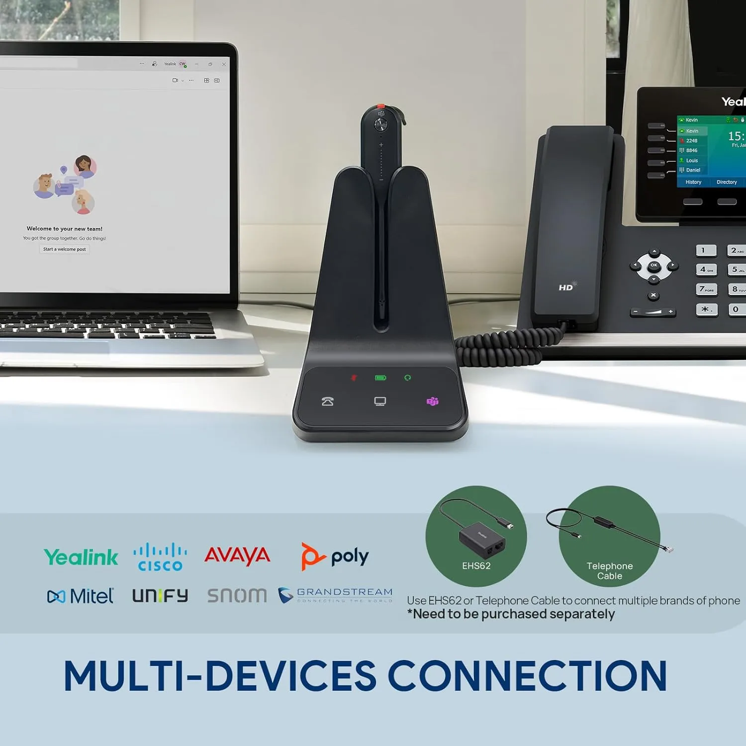 Yealink DECT Wireless Headset WH63 E2 UC, Single Ear Convertible Office Headset with Noise Canceling Mic