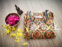 Ajrakh Hand Block Printed Mul Cotton Kurti-Yellow with Red and Green Prints Ajrakh Hand Block Printed Mul Cotton Kurti-Yellow with Red and Green Prints