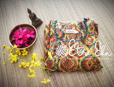 Ajrakh Hand Block Printed Mul Cotton Kurti-Yellow with Red and Green Prints