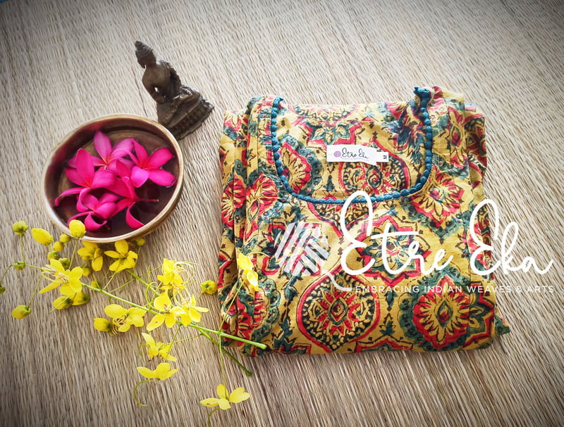 Ajrakh Hand Block Printed Mul Cotton Kurti-Yellow with Red and Green Prints Ajrakh Hand Block Printed Mul Cotton Kurti-Yellow with Red and Green Prints