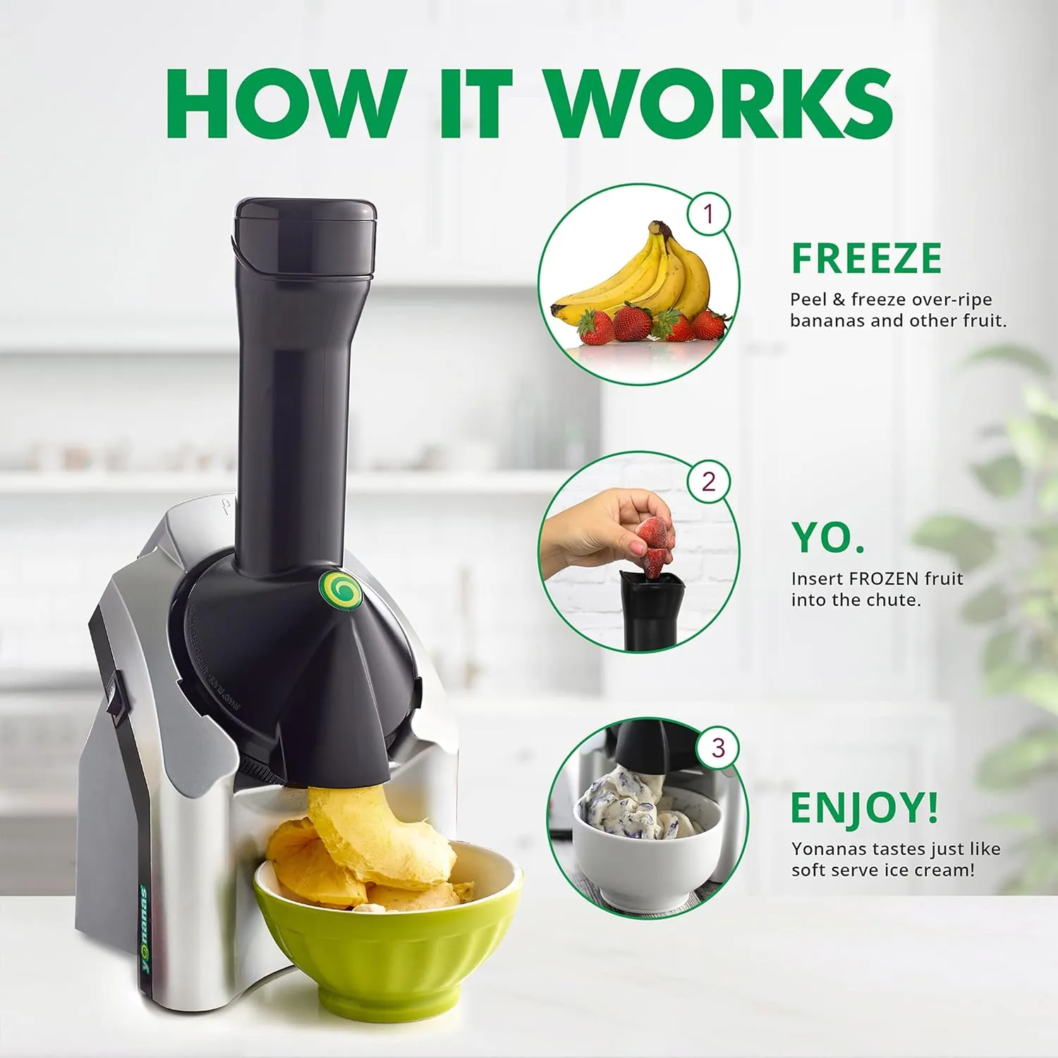 Yonanas Classic Frozen Fruit Soft Serve Maker for Healthy Vegan and Dairy-Free Treats, 200W Silver Machine with 36 Recipes