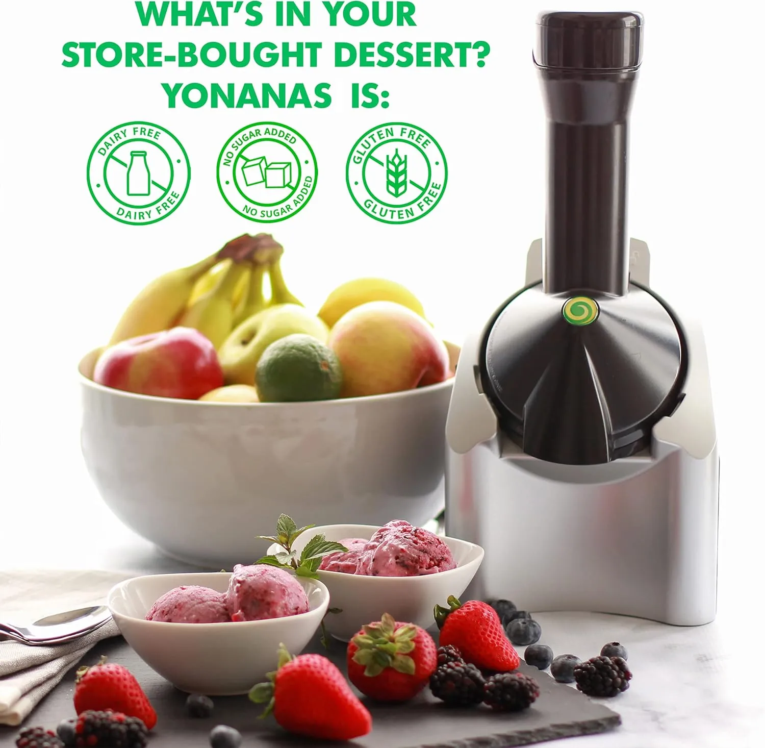 Yonanas Classic Frozen Fruit Soft Serve Maker for Healthy Vegan and Dairy-Free Treats, 200W Silver Machine with 36 Recipes