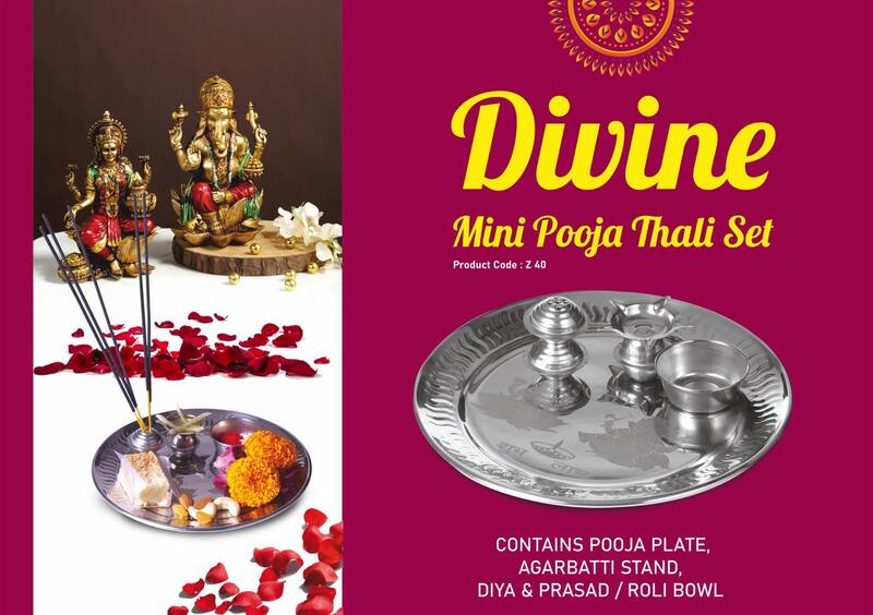 Divine Mini Pooja Thali set | Contains Pooja Plate, Agarbatti stand, Diya, Prasad bowl