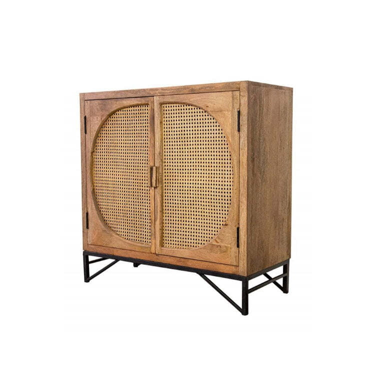 Handcrafted Wooden Cabinet with Cane Doors & Metal Base – Boho Chic Storage Unit Handcrafted Wooden Cabinet with Cane Doors & Metal Base – Boho Chic Storage Unit