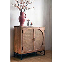 Handcrafted Wooden Cabinet with Cane Doors & Metal Base – Boho Chic Storage Unit Handcrafted Wooden Cabinet with Cane Doors & Metal Base – Boho Chic Storage Unit