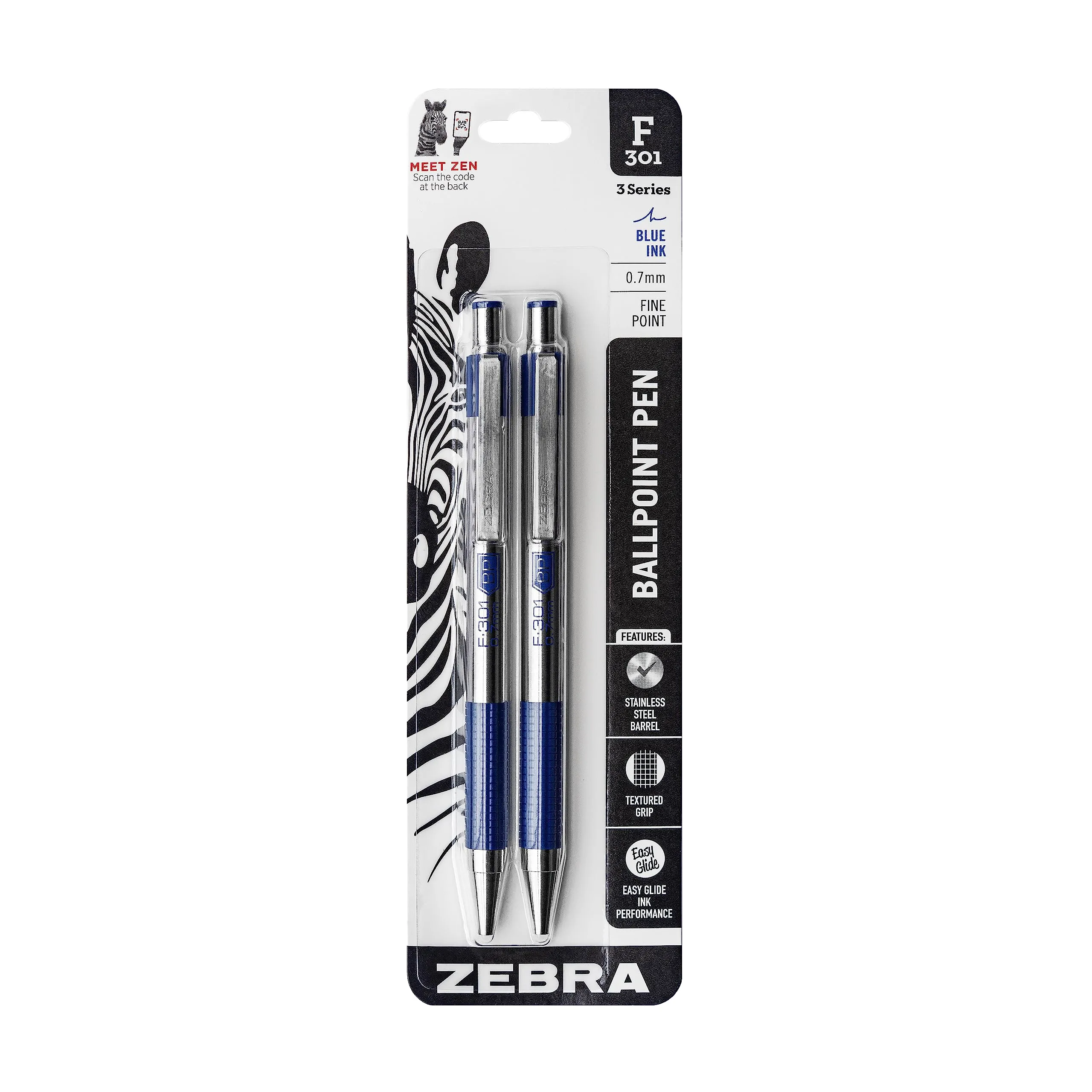 Zebra Pen F-301 Retractable Ballpoint Pen, Fine 0.7mm, Stainless Steel Barrel, Blue Ink, 2-Pack